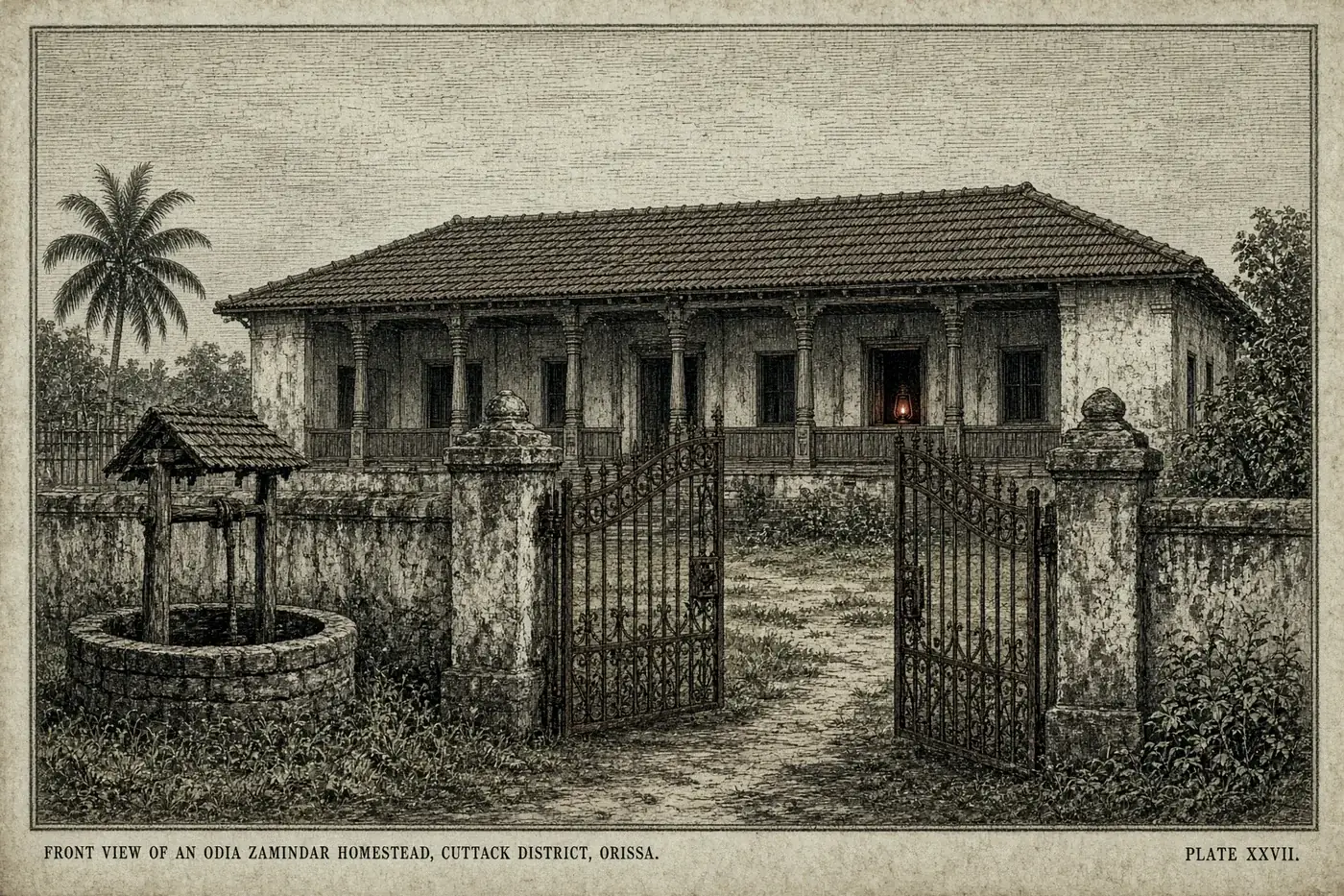The ancestral Odia homestead seen from the front gate at dusk, a lantern burning in one window.