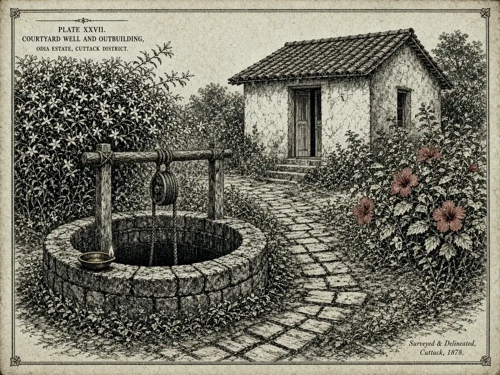Stone well and lime-washed outbuilding on the estate grounds, a diya burning on the well rim.